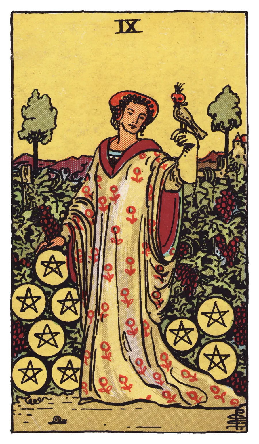 Nine of Pentacles จากสำรับ Rider–Waite–Smith: หญิงในสวนพร้อมเหยี่ยวและเหรียญเก้าเหรียญ